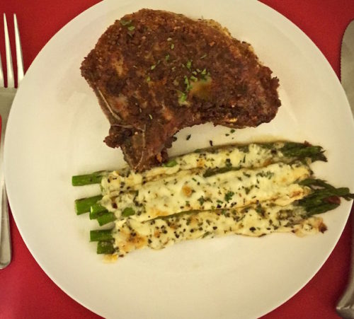 Pan Fried Parmesan Pork Chops with Cheesy Baked Asparagus